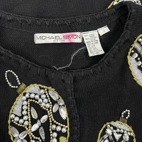 Michael Simon 1991 Christmas Ornaments Cardigan Black Ugly Sweater Size M - Picture 9 of 9